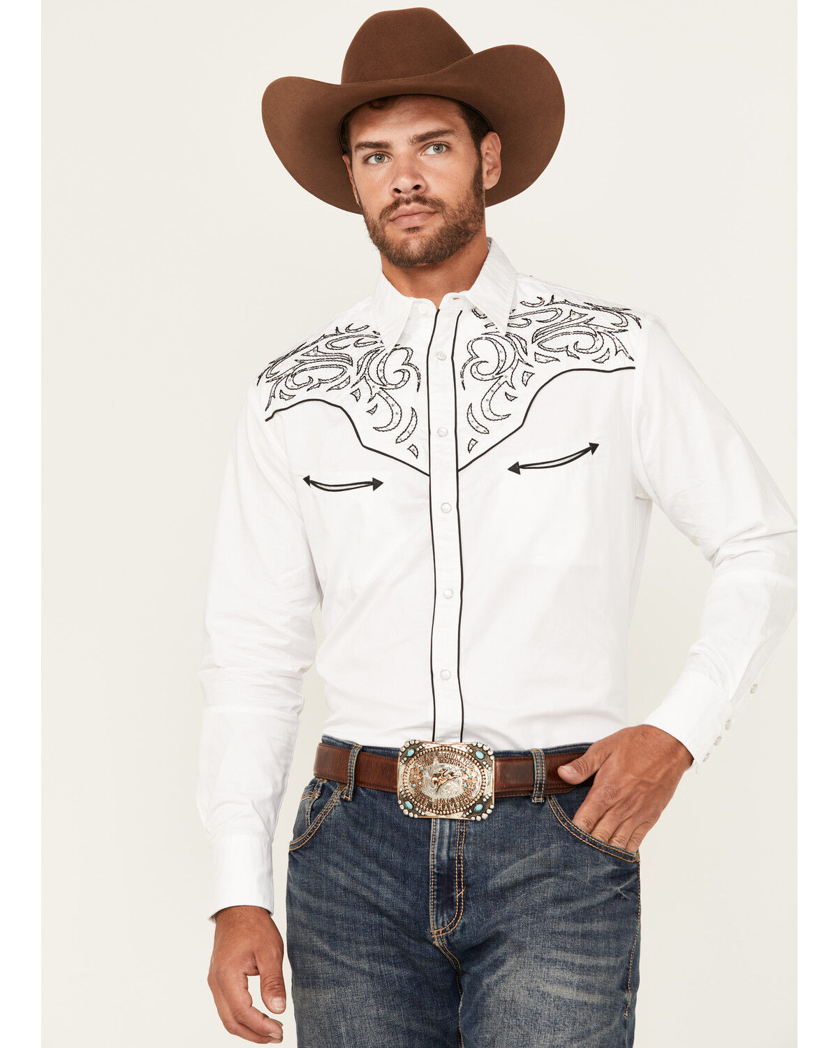 Image #1 - Rodeo Clothing Men's Embellished Yoke Long Sleeve Pearl Snap Western Shirt, White, hi-res
