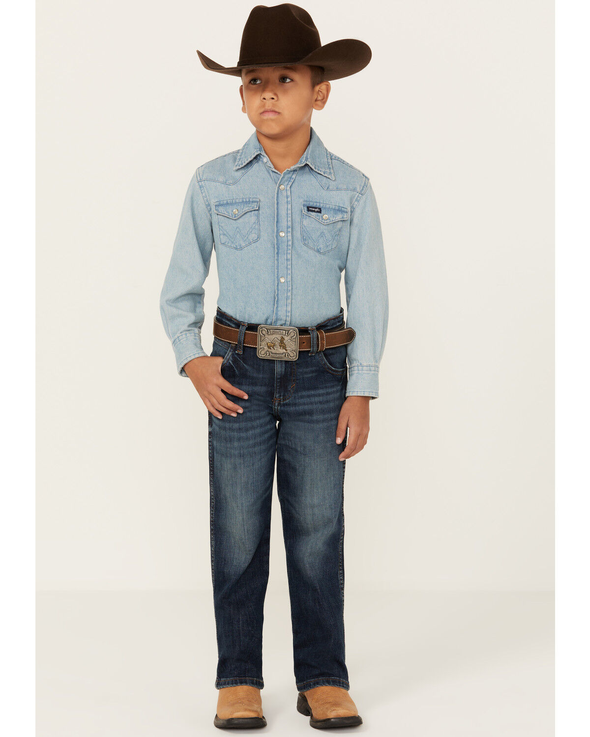 Image #1 - Wrangler Little Boys' Medium Wash Dellwood Relaxed Bootcut Stretch Jeans, Medium Wash, hi-res