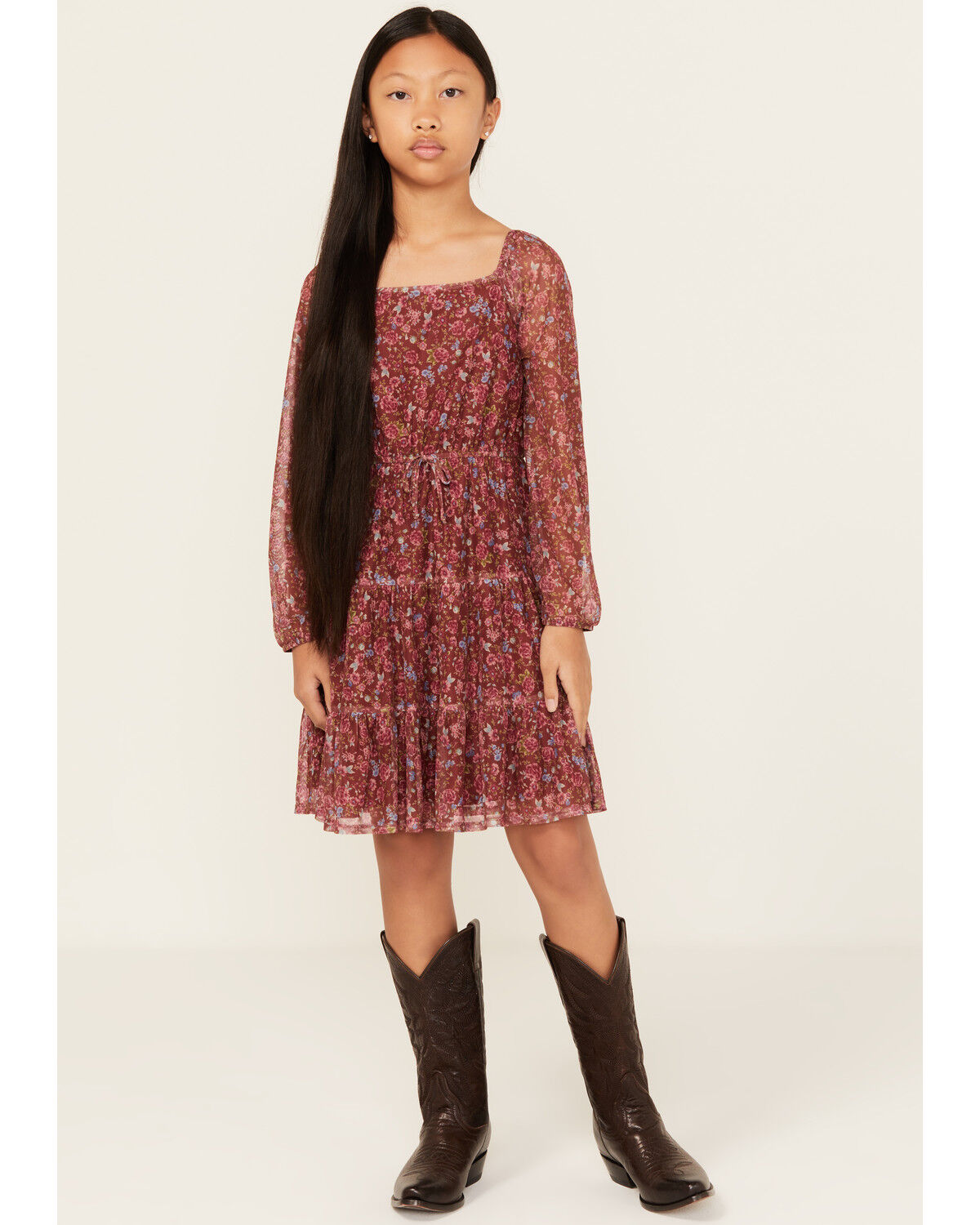 Image #1 - Shyanne Girls' Floral Print Mesh Long Sleeve Mini Dress, Brown, hi-res