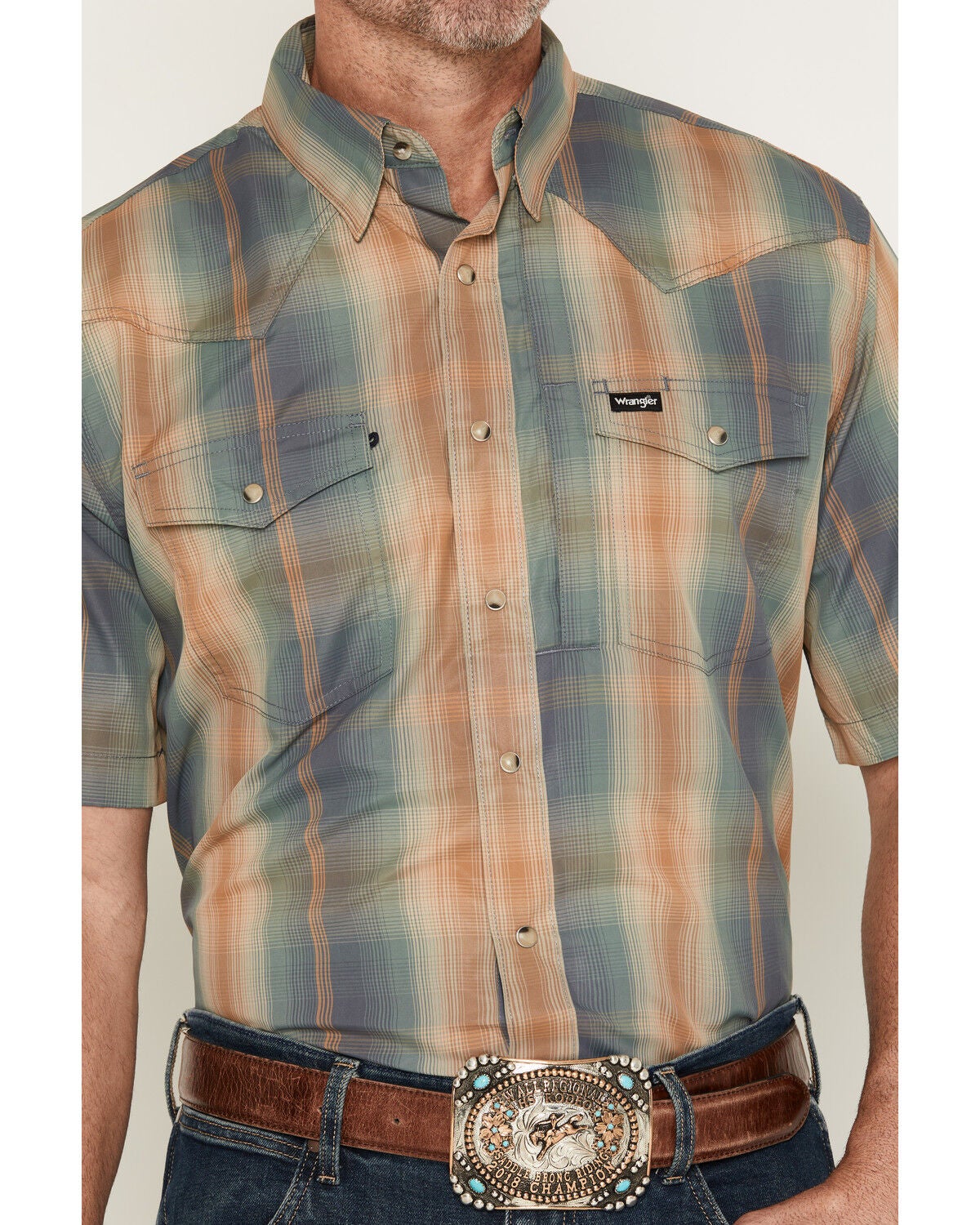 Image #3 - Wrangler Men's ATG Turbulence Plaid Print Short Sleeve Snap Performance Western Shirt, Multi, hi-res