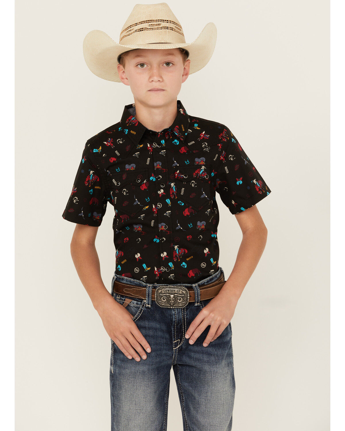 Image #1 - Cody James Boys' Sheriff Conversation Print Short Sleeve Snap Western Shirt, Black, hi-res