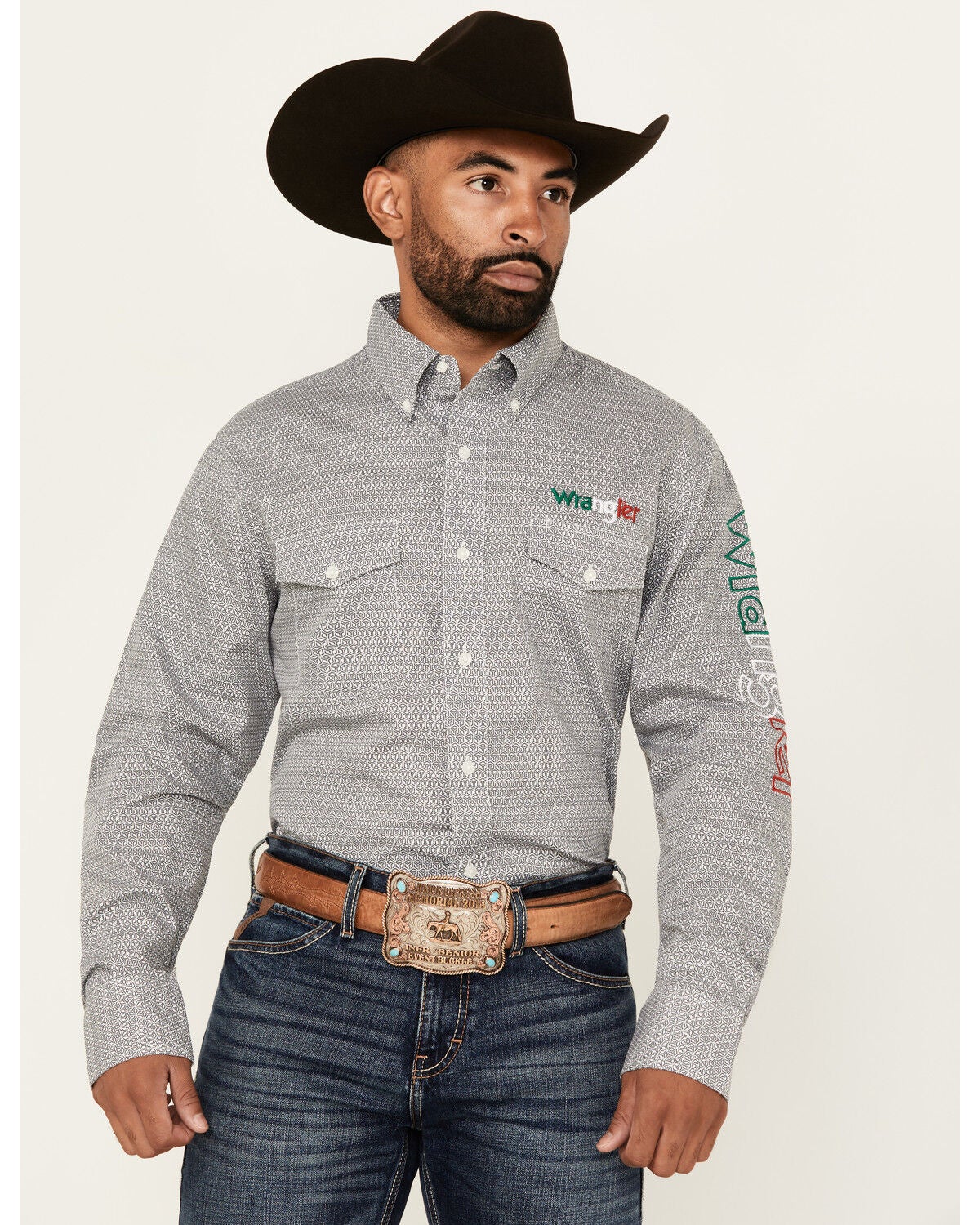 Image #1 - Wrangler Men's Mexico Flag Logo Geo Print Long Sleeve Button-Down Western Shirt - Tall, Grey, hi-res