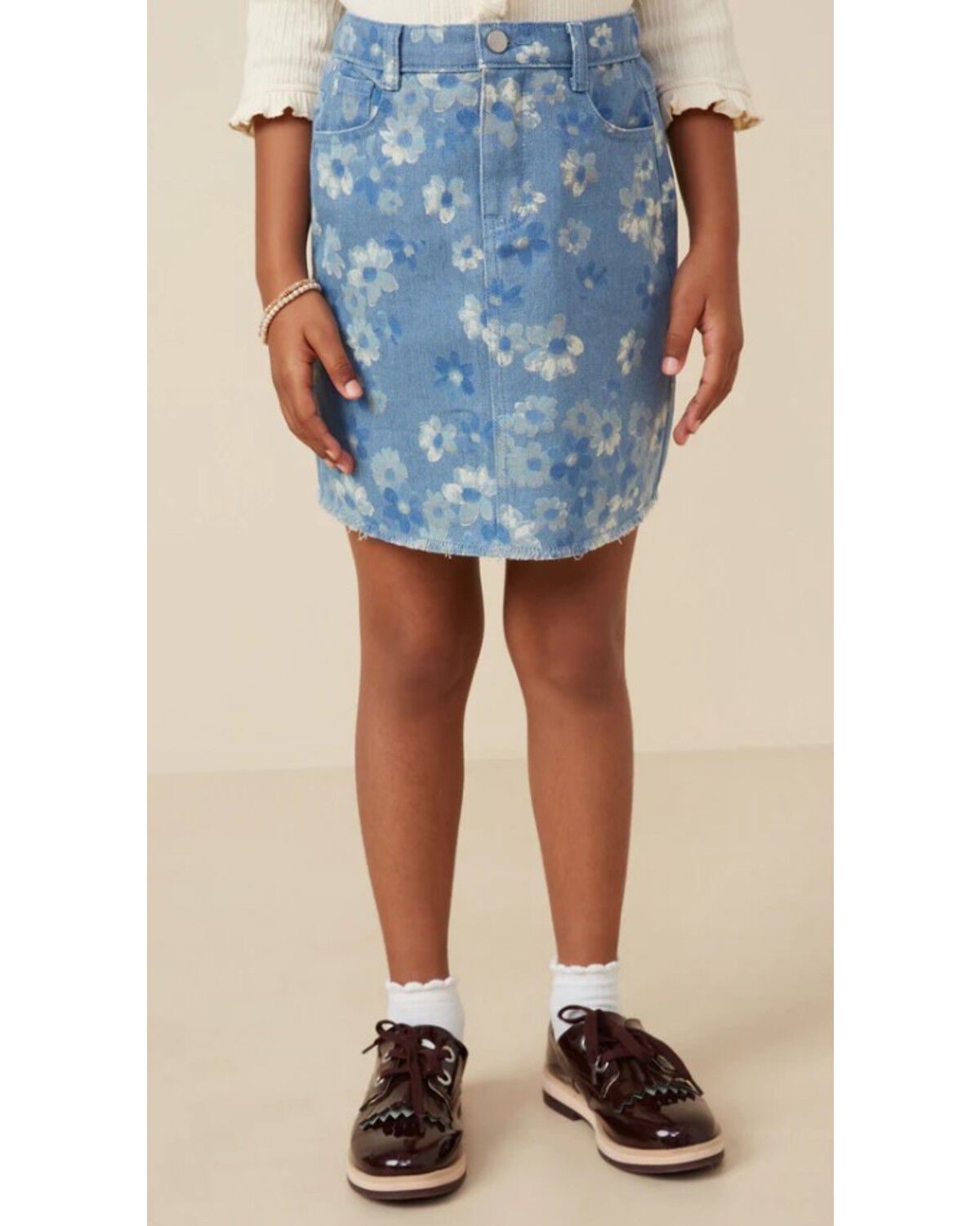 Image #1 - Hayden La Girls' Floral High Rise Denim Skirt, Blue, hi-res