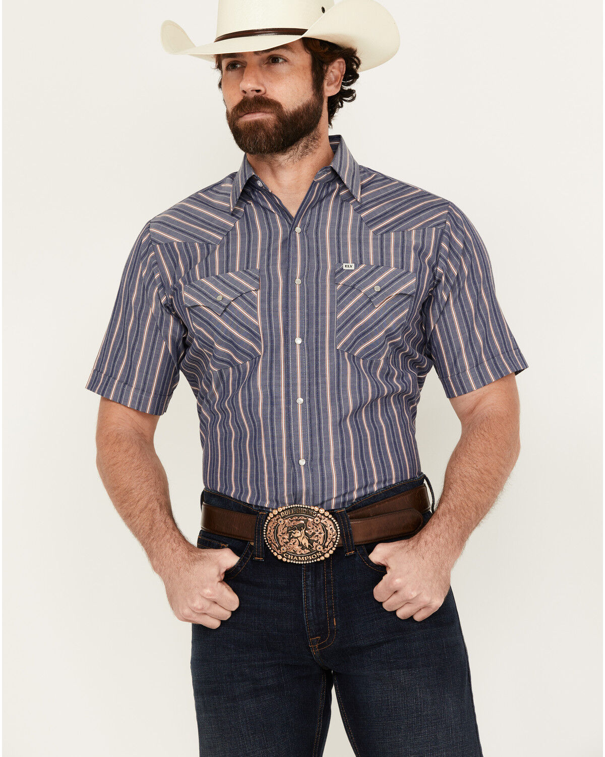 Image #1 - Ely Walker Men's Dobby Striped Print Short Sleeve Snap Western Shirt, Blue, hi-res
