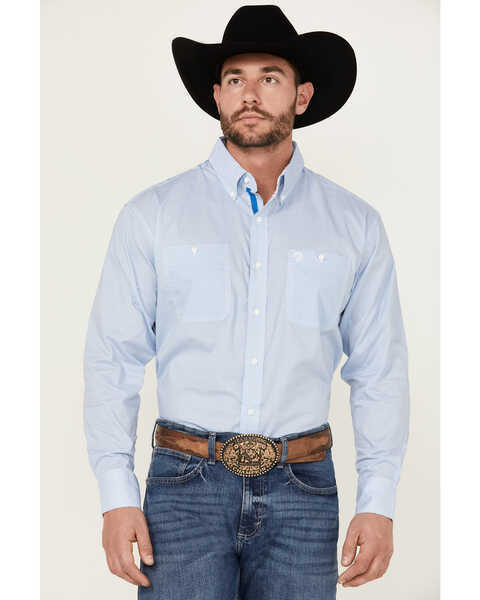 Image #1 - George Strait by Wrangler Men's Diamond Geo Print Long Sleeve Button-Down Stretch Western Shirt , Blue, hi-res