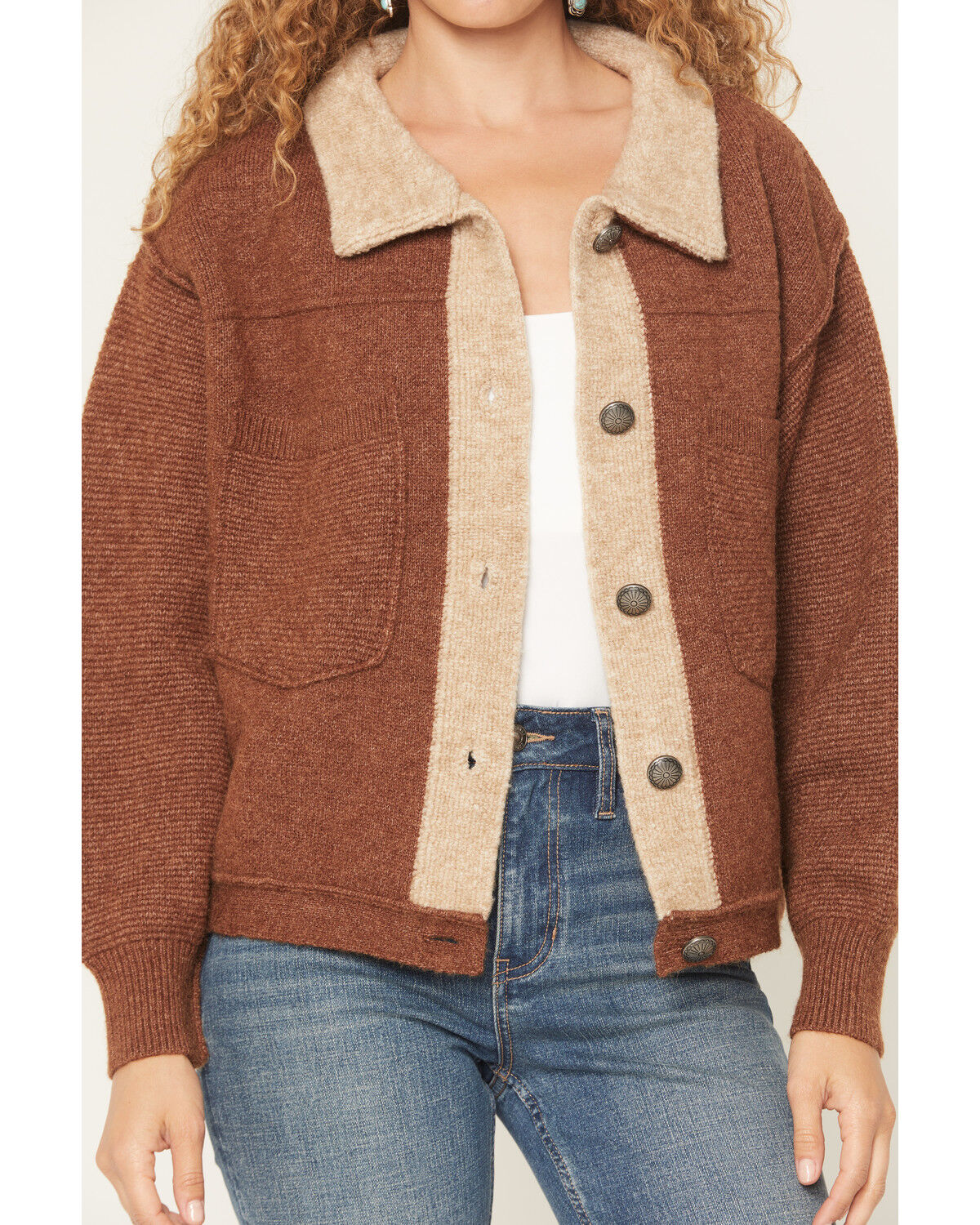 Image #3 - Cotton & Rye Women's Color Block Cropped Shacket, Brown, hi-res