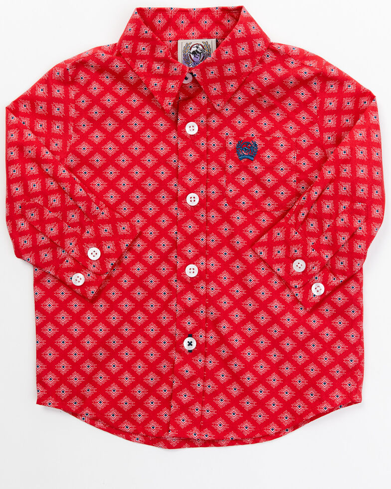 Cinch Infant-Boys' Geo Print Long Sleeve Button-Down Shirt, Red, hi-res