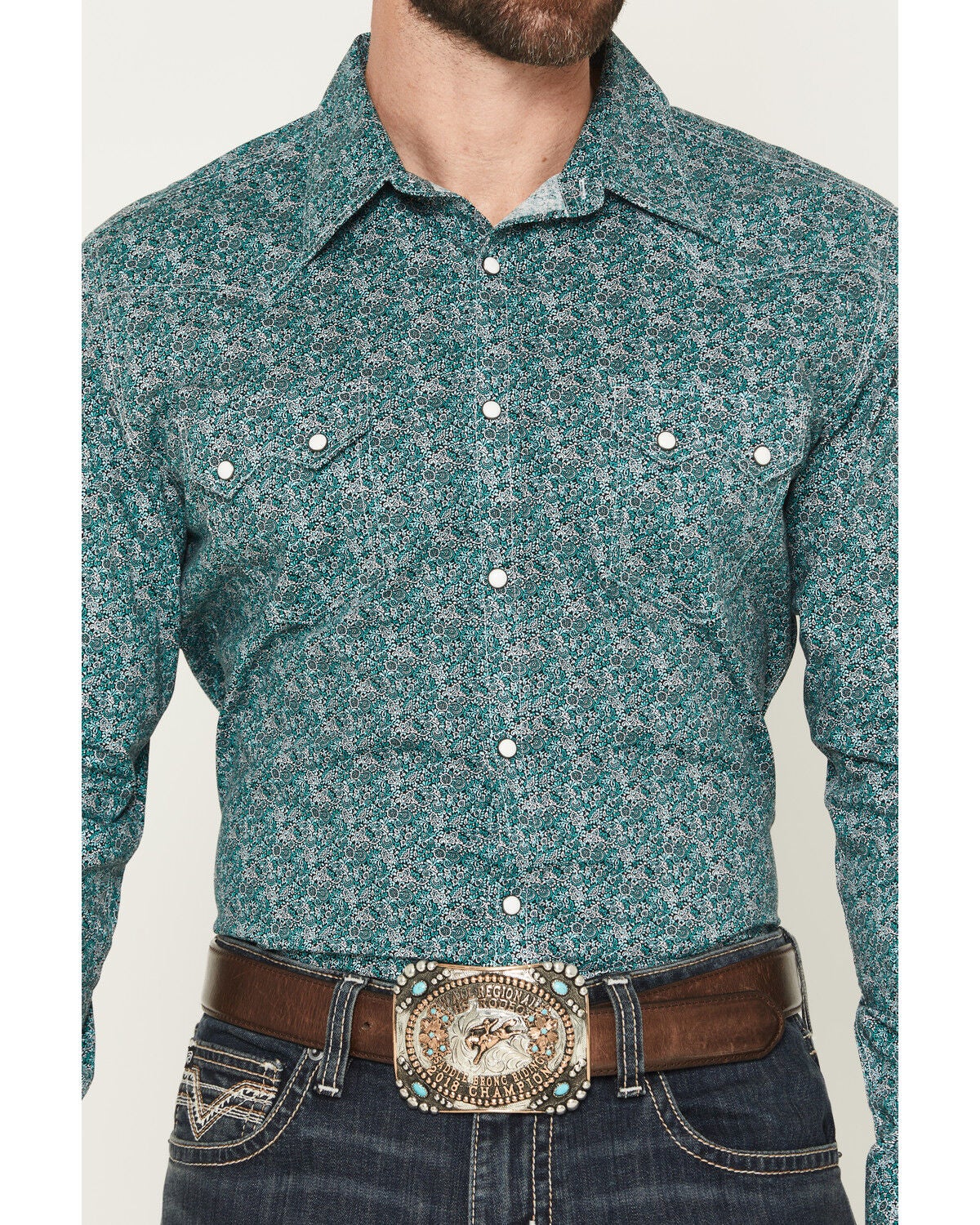 Image #3 - Rock & Roll Denim Men's Floral Print Long Sleeve Snap Stretch Western Shirt, Turquoise, hi-res
