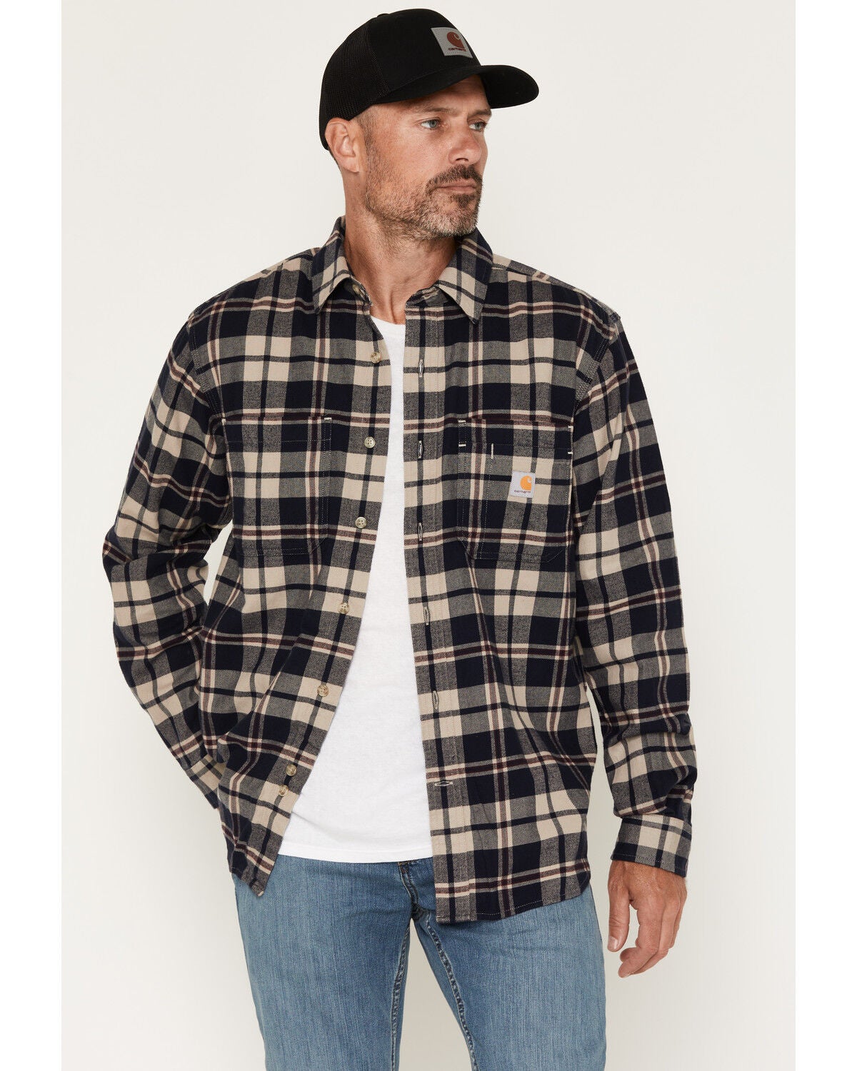 Image #1 - Carhartt Men's Hamilton Relaxed Plaid Print Long Sleeve Button-Down Stretch Flannel Shirt, Navy, hi-res
