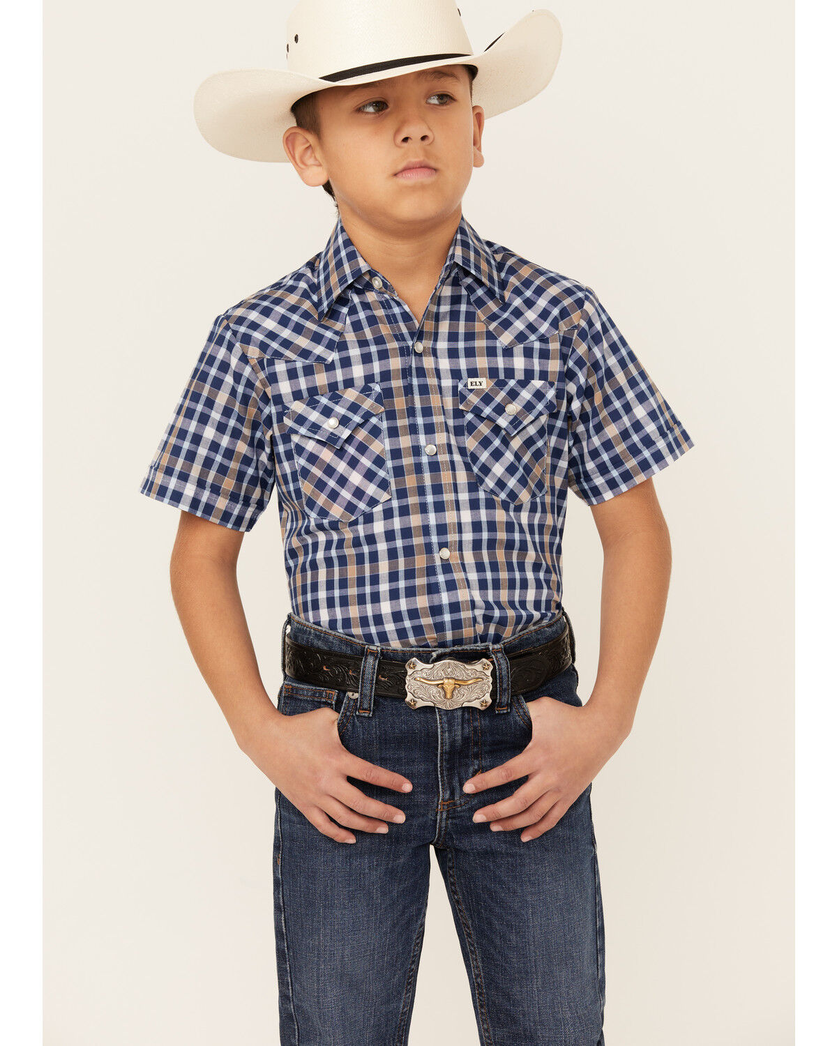 Image #1 - Ely Walker Boys' Plaid Print Short Sleeve Pearl Snap Western Shirt, Navy, hi-res