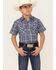 Image #1 - Ely Walker Boys' Plaid Print Short Sleeve Pearl Snap Western Shirt, Navy, hi-res