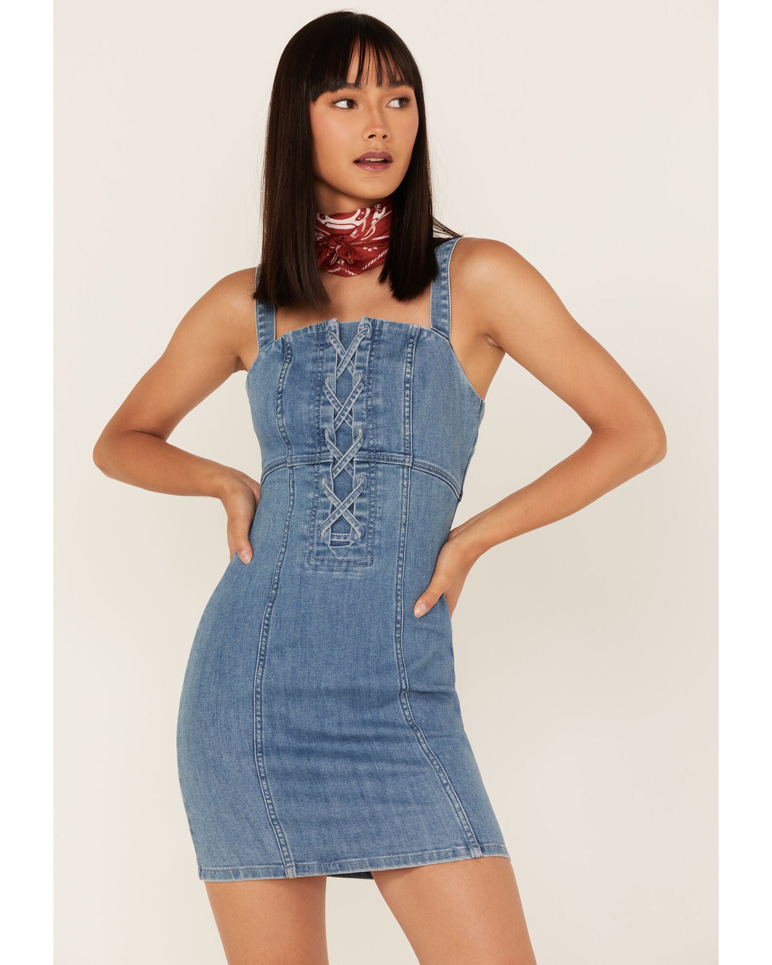 Product Name: Shyanne Women's Light Wash Lace-Up Denim Mini Dress