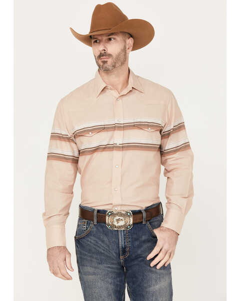Image #1 - Roper Men's Border Striped Long Sleeve Western Pearl Snap Shirt, Tan, hi-res