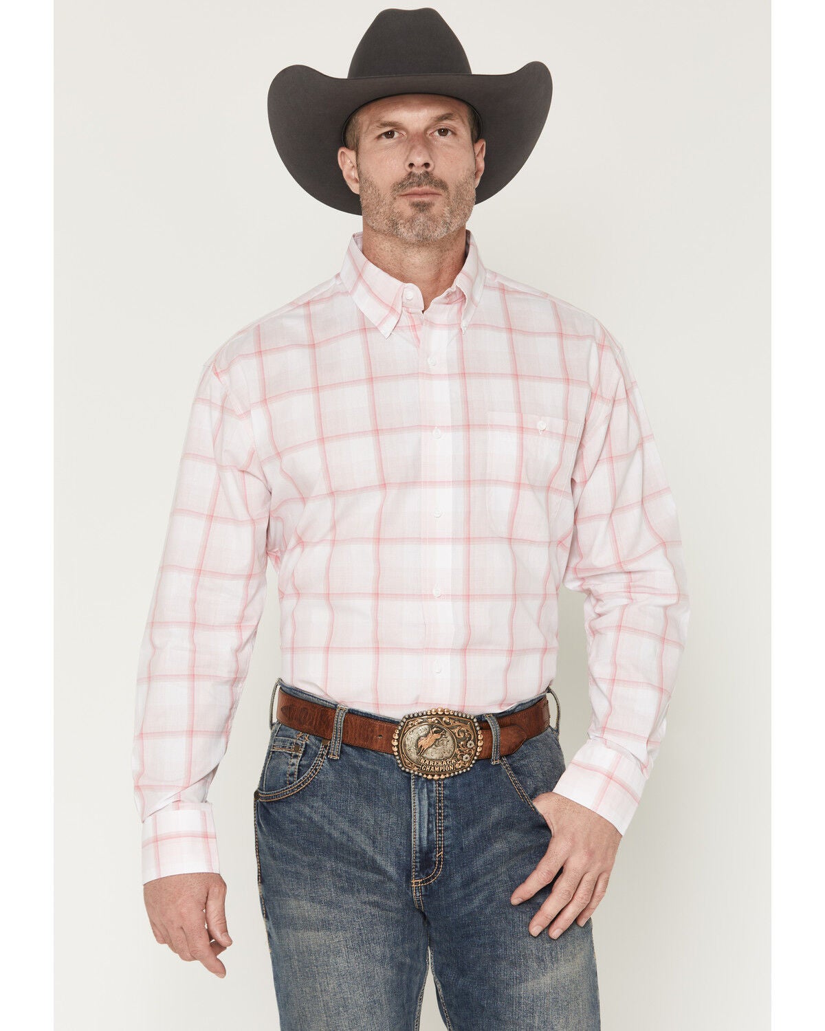 Wrangler Men's Bucking Cancer Plaid Print Long Sleeve Button-Down Western Shirt, Pink, hi-res