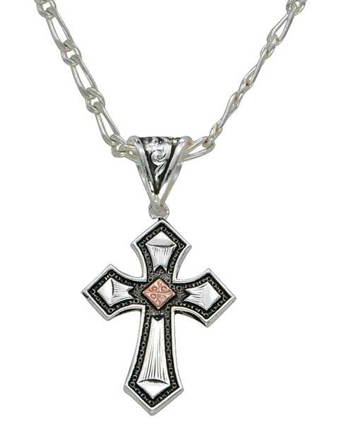 Image #2 - Montana Silversmiths Men's Antique Silver with Copper Cross Necklace, Silver, hi-res
