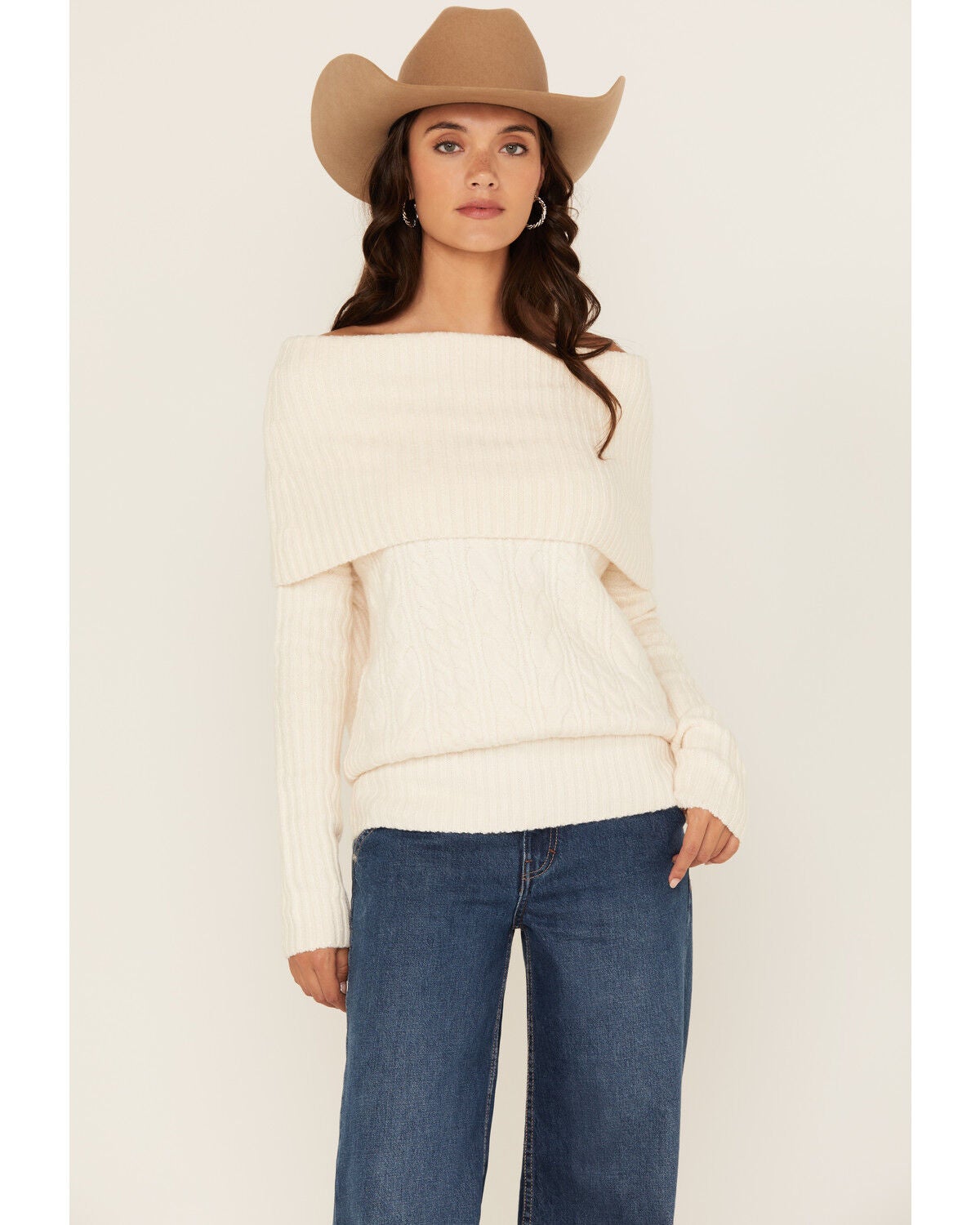 Shyanne Women's Off The Shoulder Cable Knit Sweater, Off White, hi-res