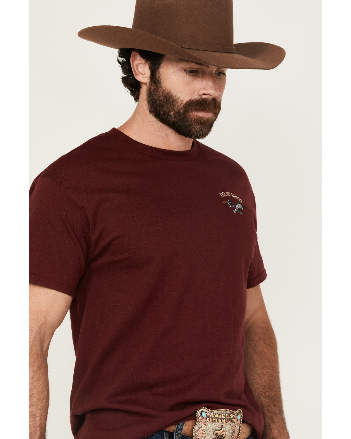 Image #2 - Riot Society Men's Boot Barn Exclusive Kiss My Brass Embroidery Short Sleeve T-Shirt, Burgundy, hi-res