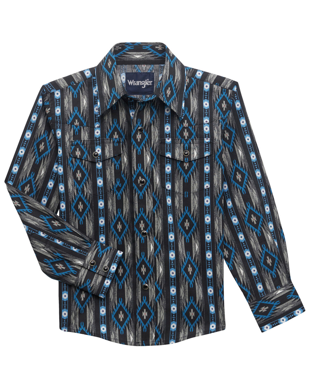 Image #1 - Wrangler Boys' Checotah Southwestern Striped Print Long Sleeve Snap Western Shirt, Black, hi-res
