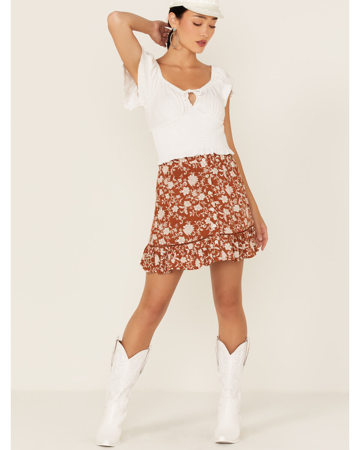 Image #1 - Shyanne Women's Floral Dot Print Button Front Skirt, Brown, hi-res