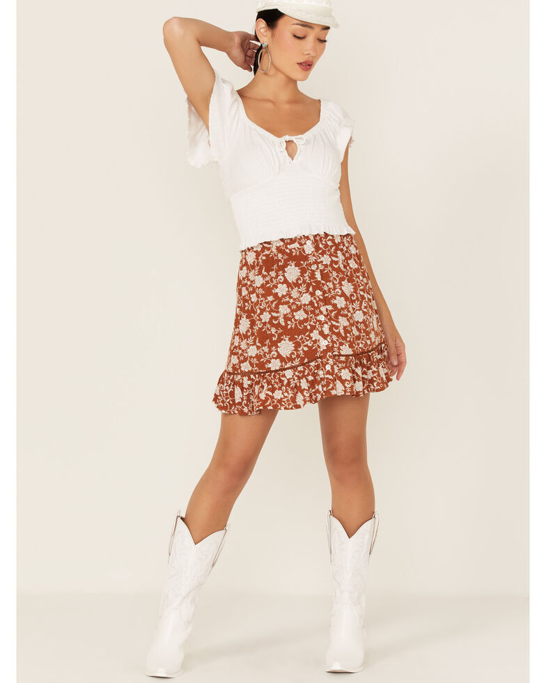 Shyanne Women's Floral Dot Print Button Front Skirt, Brown, hi-res