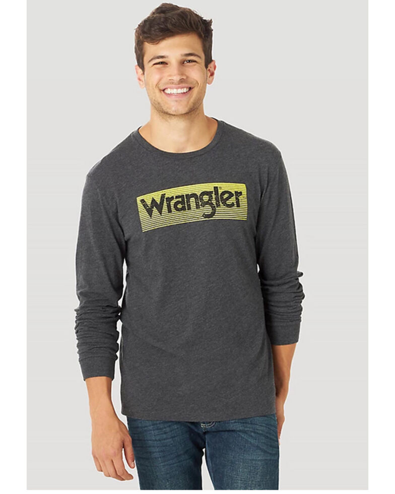 Wrangler Men's Heather Black & Yellow Bar Logo Graphic Long Sleeve T-Shirt , Black, hi-res