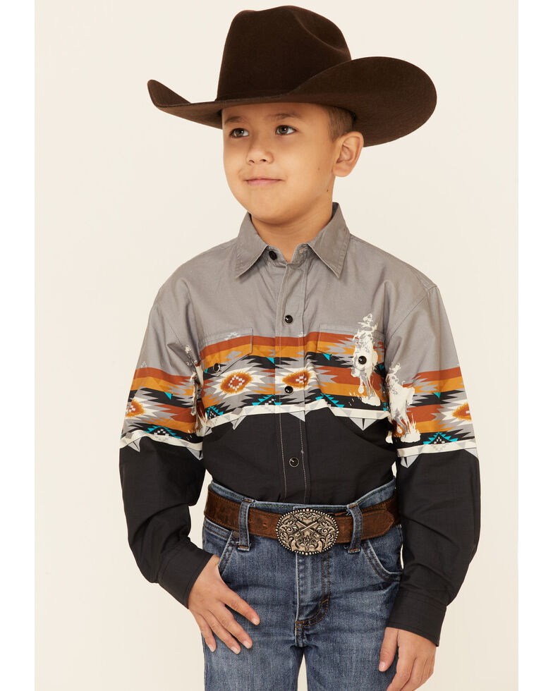 Roper Boys' Southwestern Trail Border Print Long Sleeve Snap Western Shirt , Black, hi-res