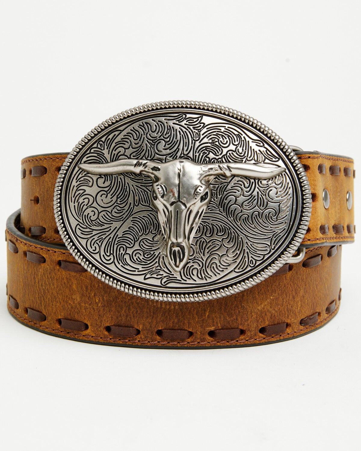 Image #1 - Cody James Men's Longhorn Whipstitch Buckle Belt, Brown, hi-res