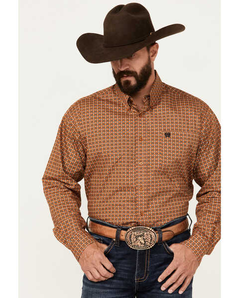 Cinch Men's Geo Print Long Sleeve Button-Down Western Shirt, Gold, hi-res