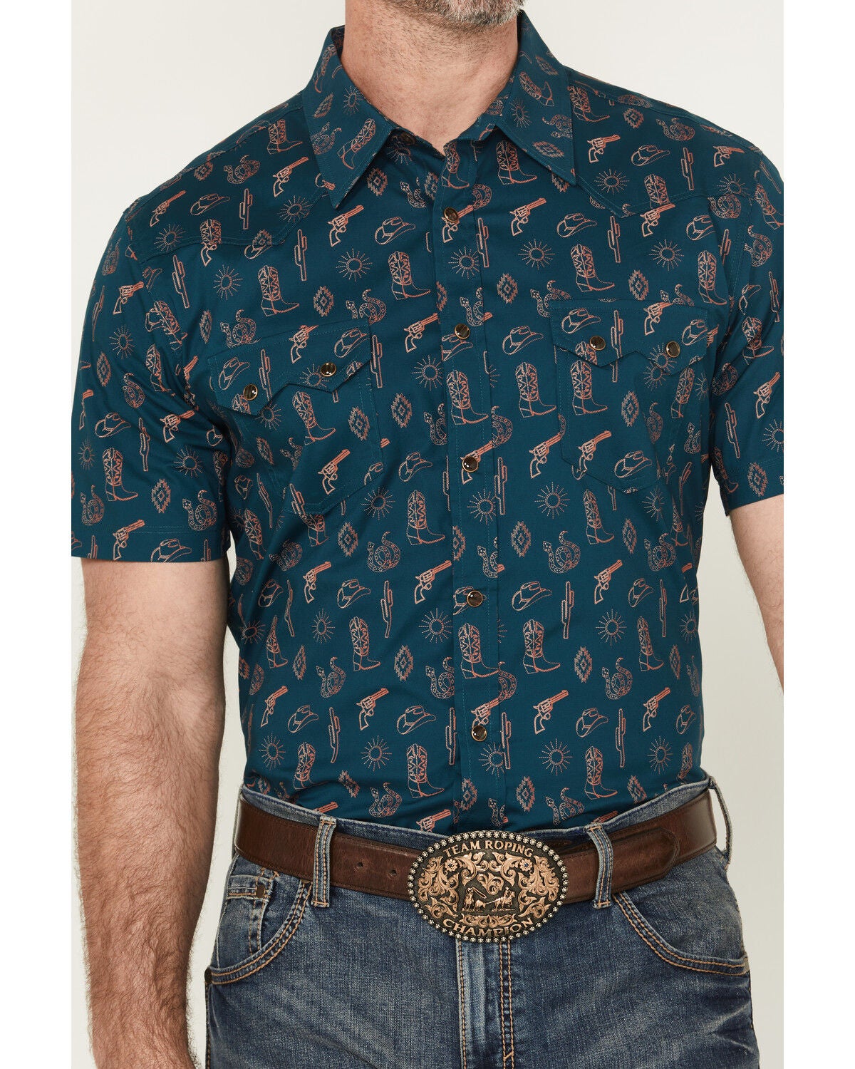 Image #3 - Rock & Roll Denim Men's Cowboy Print Short Sleeve Snap Stretch Western Shirt, , hi-res