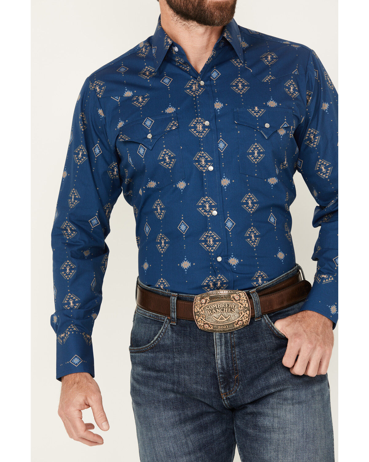 Image #3 - Ely Walker Men's Southwestern Print Long Sleeve Pearl Snap Western Shirt, Navy, hi-res