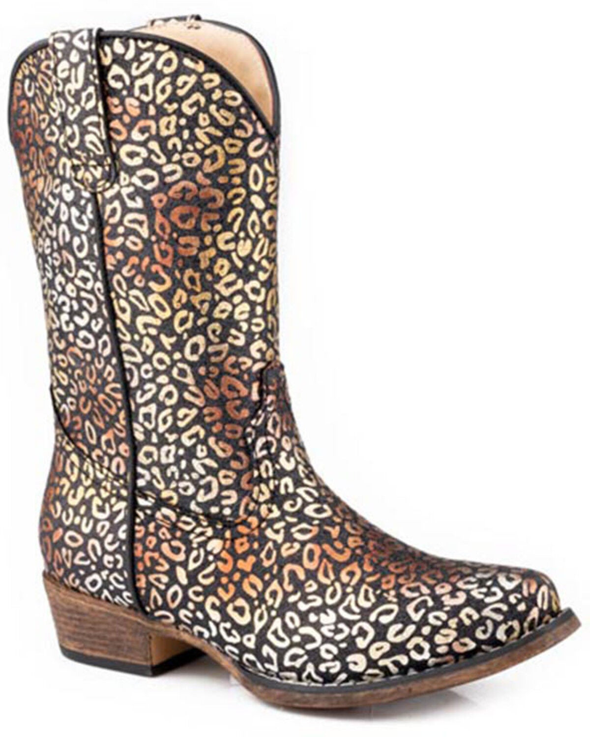 Roper Little Girls' Riley Leopard Print Western Boots - Snip Toe, Black, hi-res