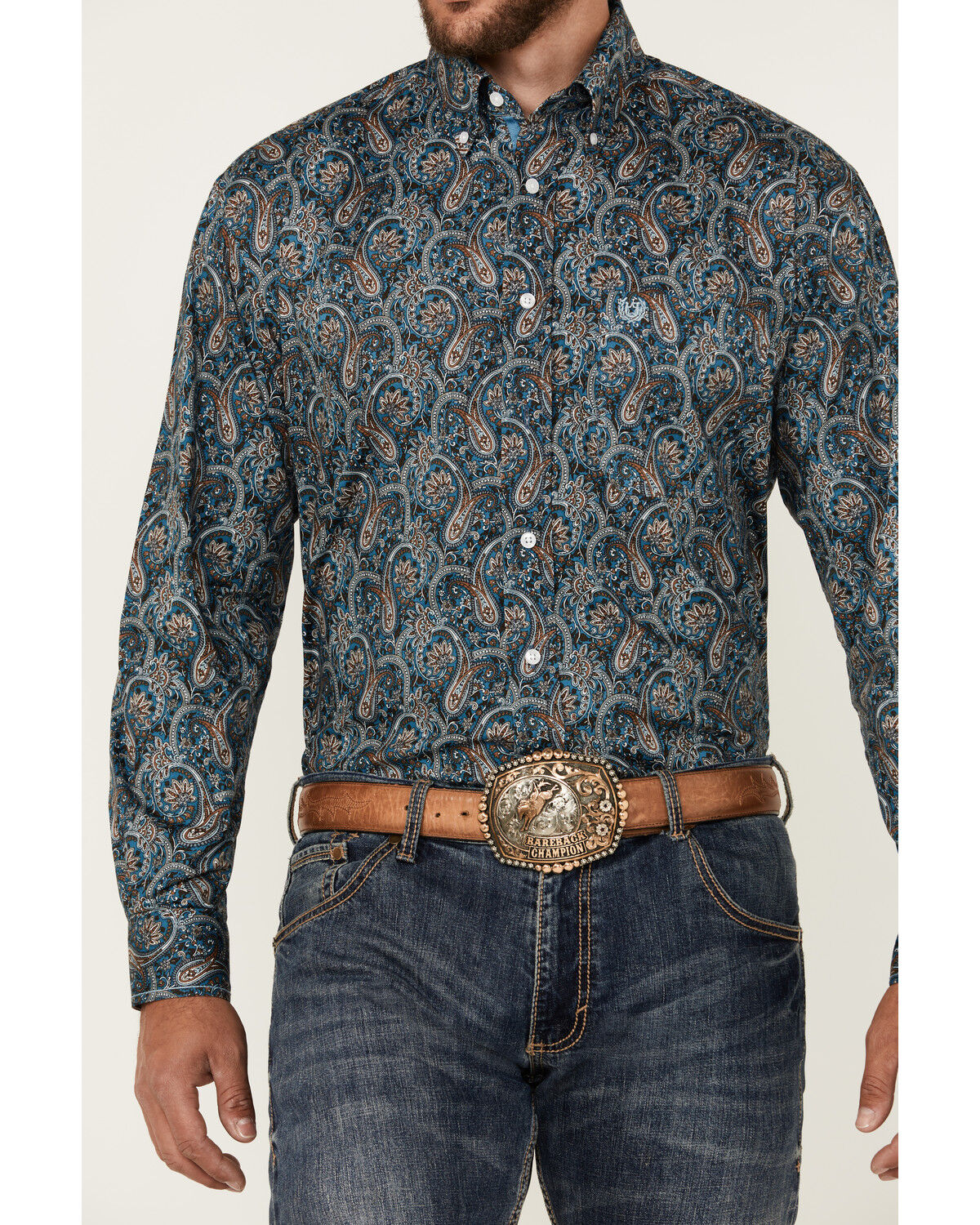 Image #3 - Rough Stock by Panhandle Men's Paisley Print Long Sleeve Button-Down Western Shirt, Navy, hi-res