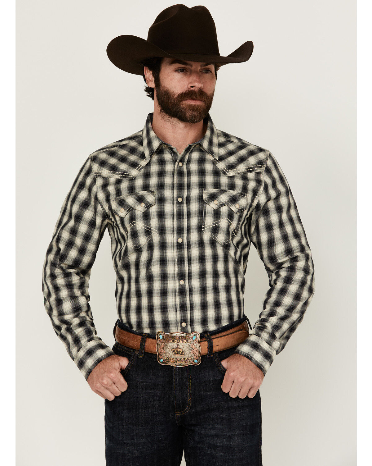 Image #1 - Cody James Men's Rey Plaid Print Long Sleeve Snap Western Shirt, Cream, hi-res