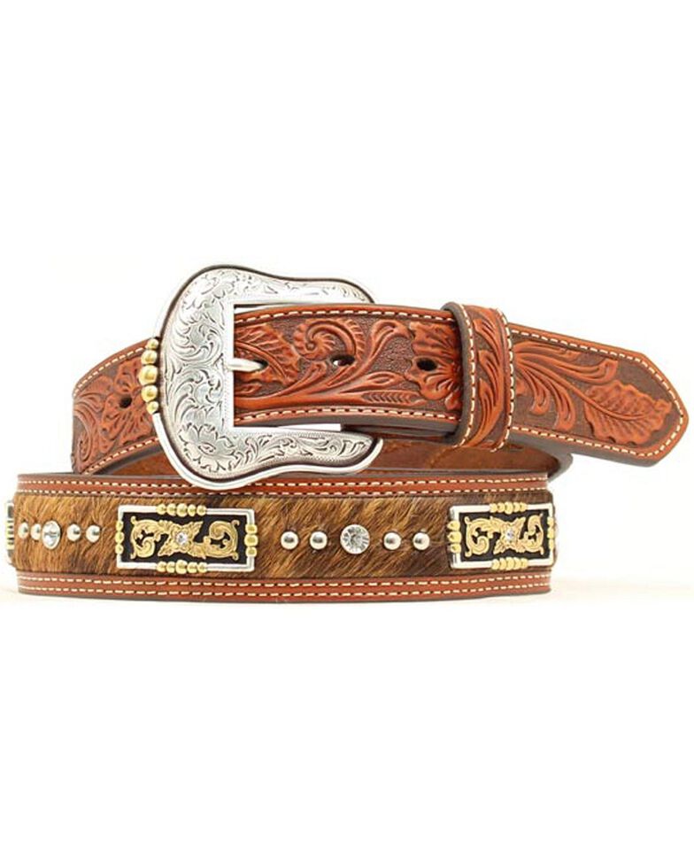Nocona Men's Floral Tooled Hair on Hide Inlay Concho Studded Belt, Tan, hi-res