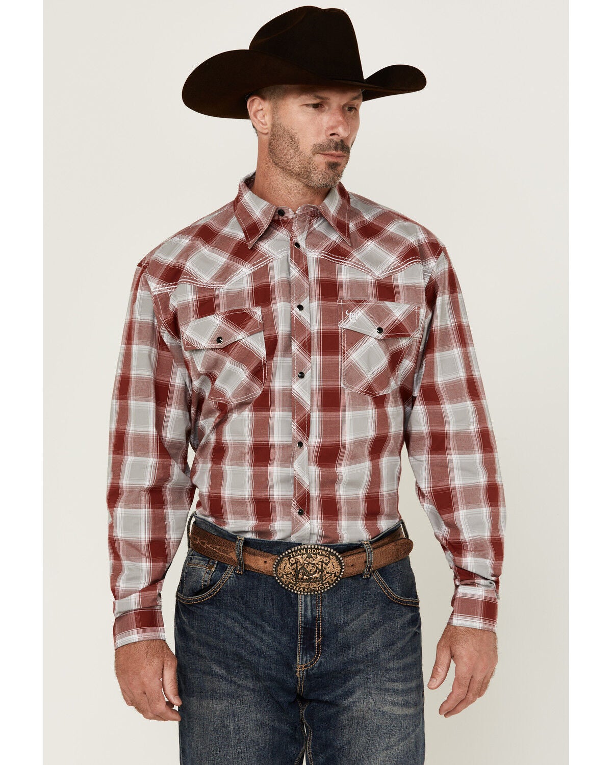 Cowboy Hardware Men's Plaid Print Long Sleeve Snap Western Shirt, Red, hi-res