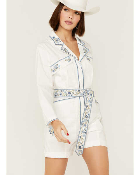 Image #1 - Driftwood Women's Embroidered Floral Shortall Romper , White, hi-res