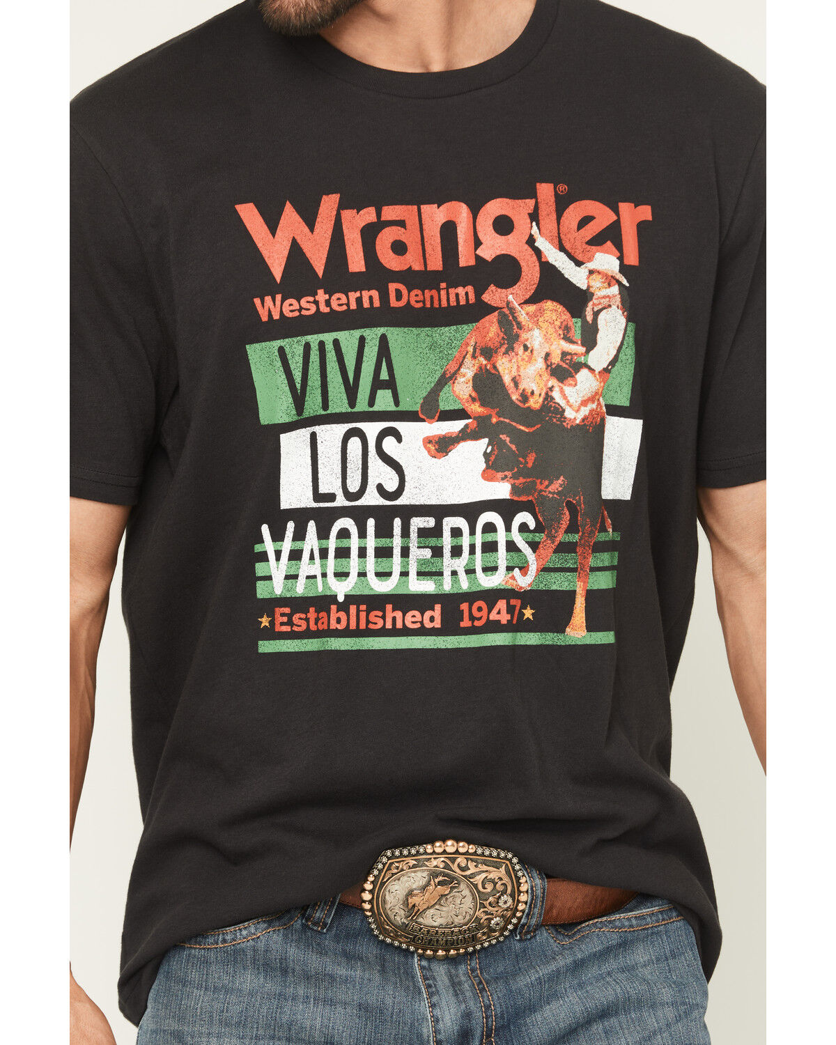 Image #3 - Wrangler Men's Viva Los Vaqueros Short Sleeve Graphic T-Shirt, Black, hi-res