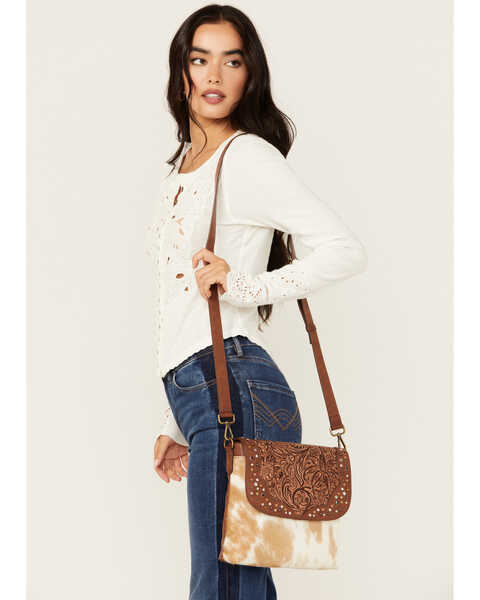 Shyanne Women's Studded Tooled Crossbody , Brown, hi-res