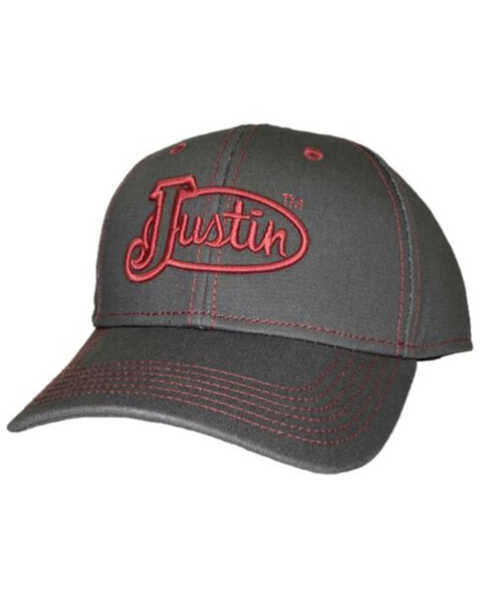 Image #1 - Justin Men's Gray & Red Embroidered Logo Solid-Back Ball Cap , Grey, hi-res