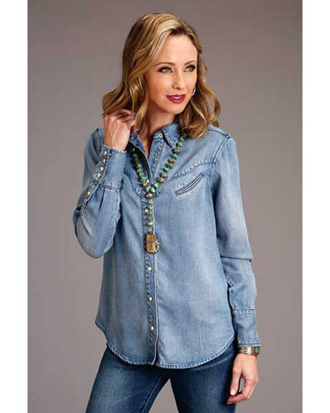 Stetson Women's Solid Blue Denim Long Sleeve Snap Western Shirt , Blue, hi-res