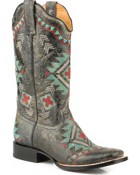 Roper Women's Southwestern Embroidered Western Boots - Square Toe, Black, hi-res