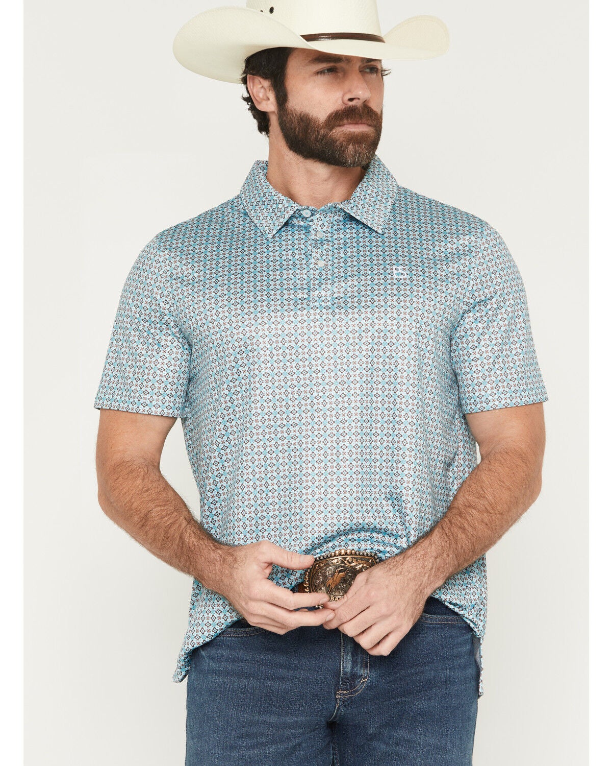 Image #1 - Panhandle Slim Men's Medallion Print Short Sleeve Snap Performance Polo Shirt, Turquoise, hi-res