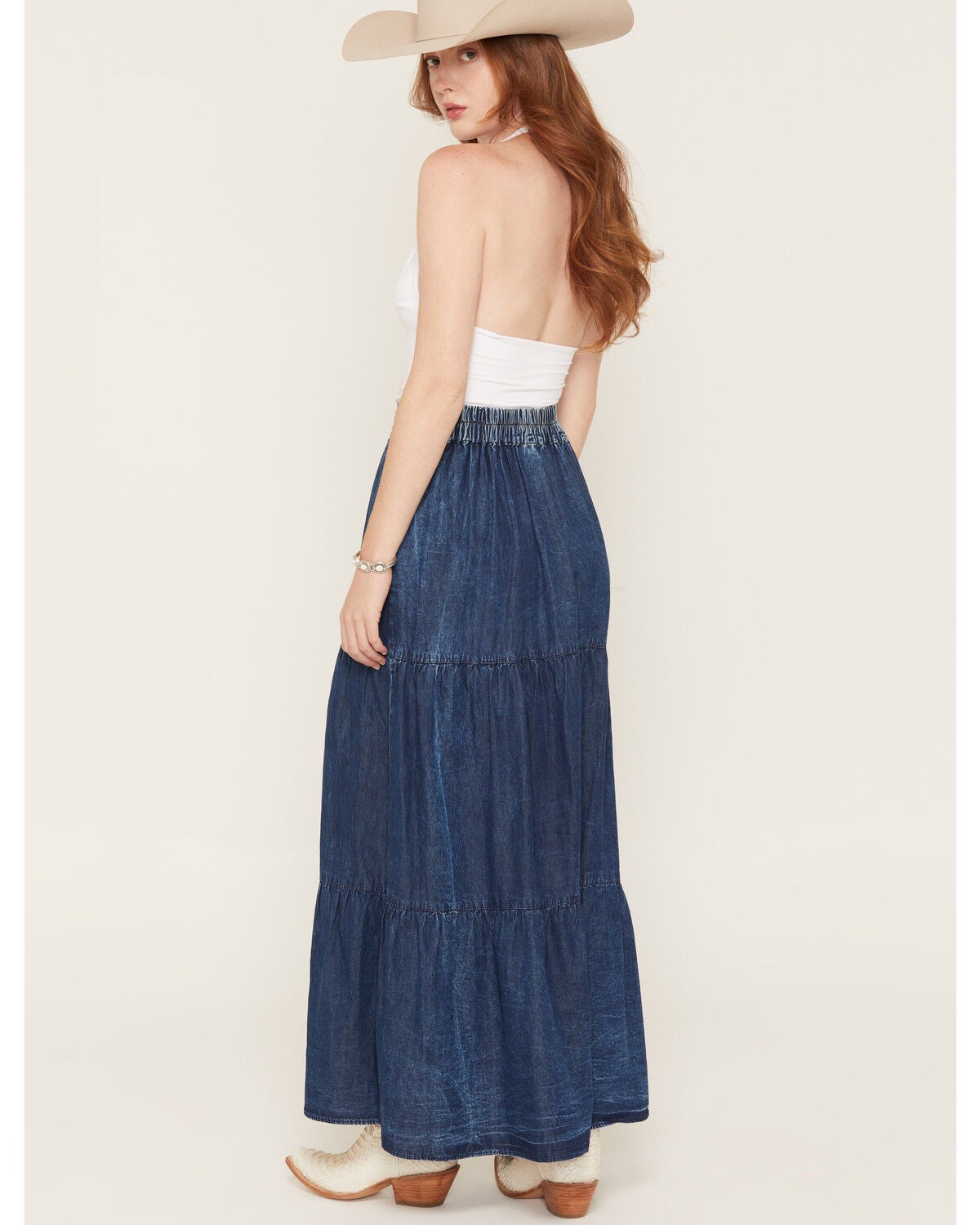 Image #3 - Angie Women's Acid Washed Split Maxi Skirt, Dark Wash, hi-res