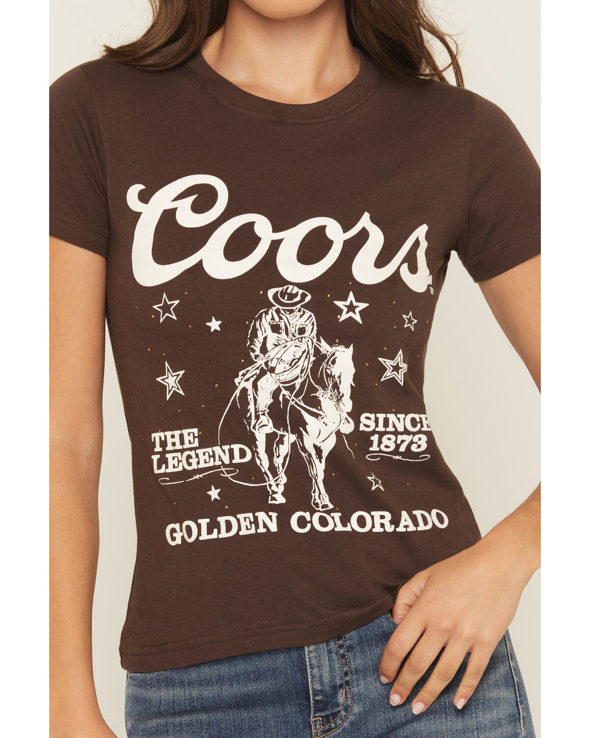 Image #3 - Coors Women's Rhinestone Stars Cowboy Short Sleeve Oversized Graphic Tee, Brown, hi-res