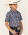 Image #2 - Ely Walker Boys' Plaid Print Short Sleeve Pearl Snap Western Shirt , Navy, hi-res