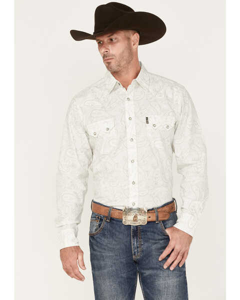 Cinch Men's Modern Fit Large Paisley Print Long Sleeve Snap Western Shirt , Cream, hi-res