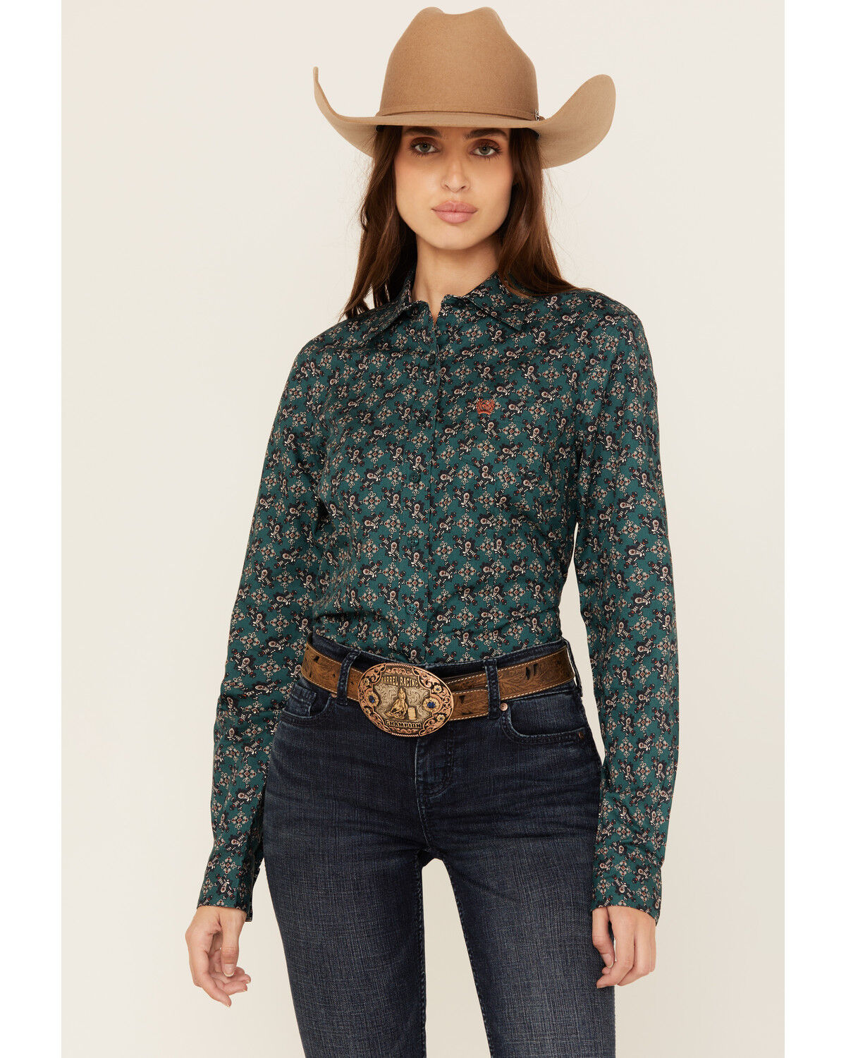 Image #1 - Cinch Women's Paisley Print Long Sleeve Button-Down Western Shirt, Green, hi-res
