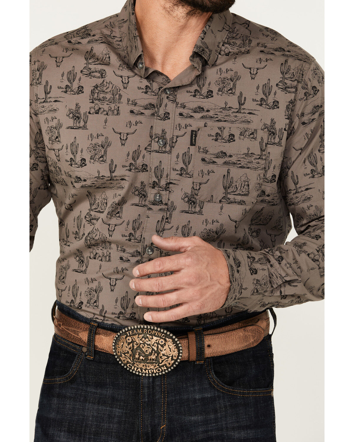 Image #3 - Ariat Men's Matteo Desert Print Long Sleeve Button-Down Stretch Western Shirt, Dark Grey, hi-res