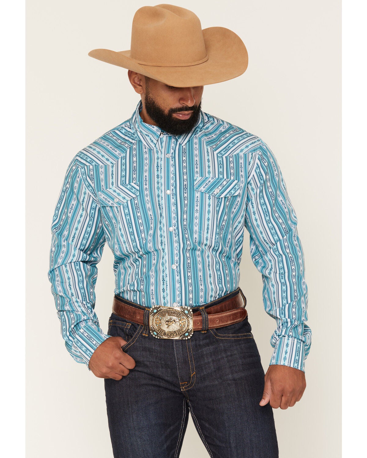 Image #1 - Panhandle Slim Men's Southwestern Striped Long Sleeve Pearl Snap Performance Stretch Western Shirt, Teal, hi-res