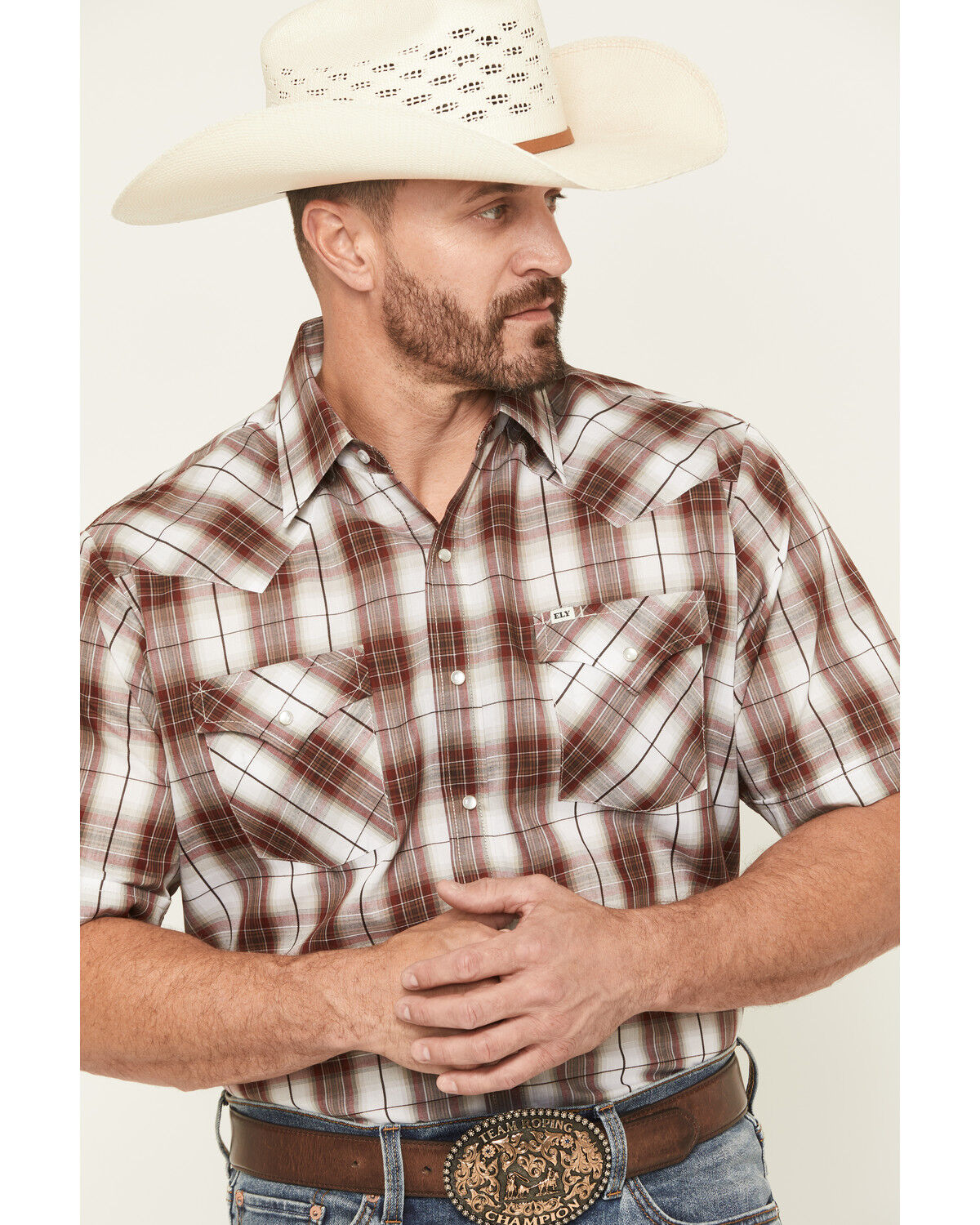 Image #2 - Ely Walker Men's Plaid Print Short Sleeve Snap Western Shirt - Tall, Burgundy, hi-res